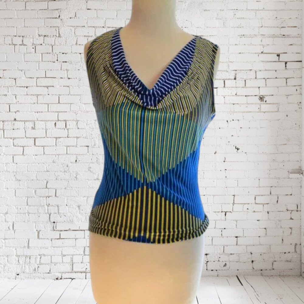 EUC Calvin Klein Sleeveless Shell Stripes Geometric Blue Yellow Green White